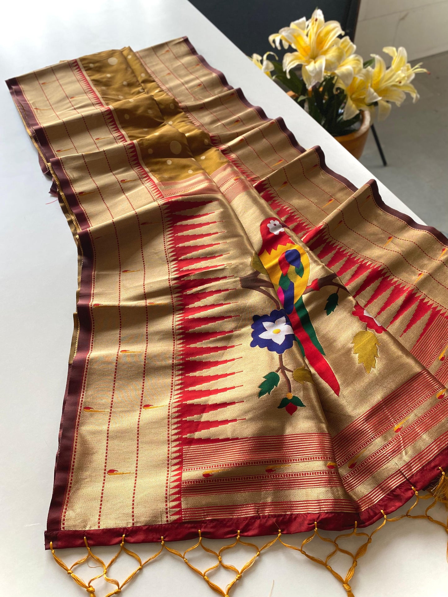 Festive Paithani Silk Saree – Polka Design & Parrot Embroidered Pallu