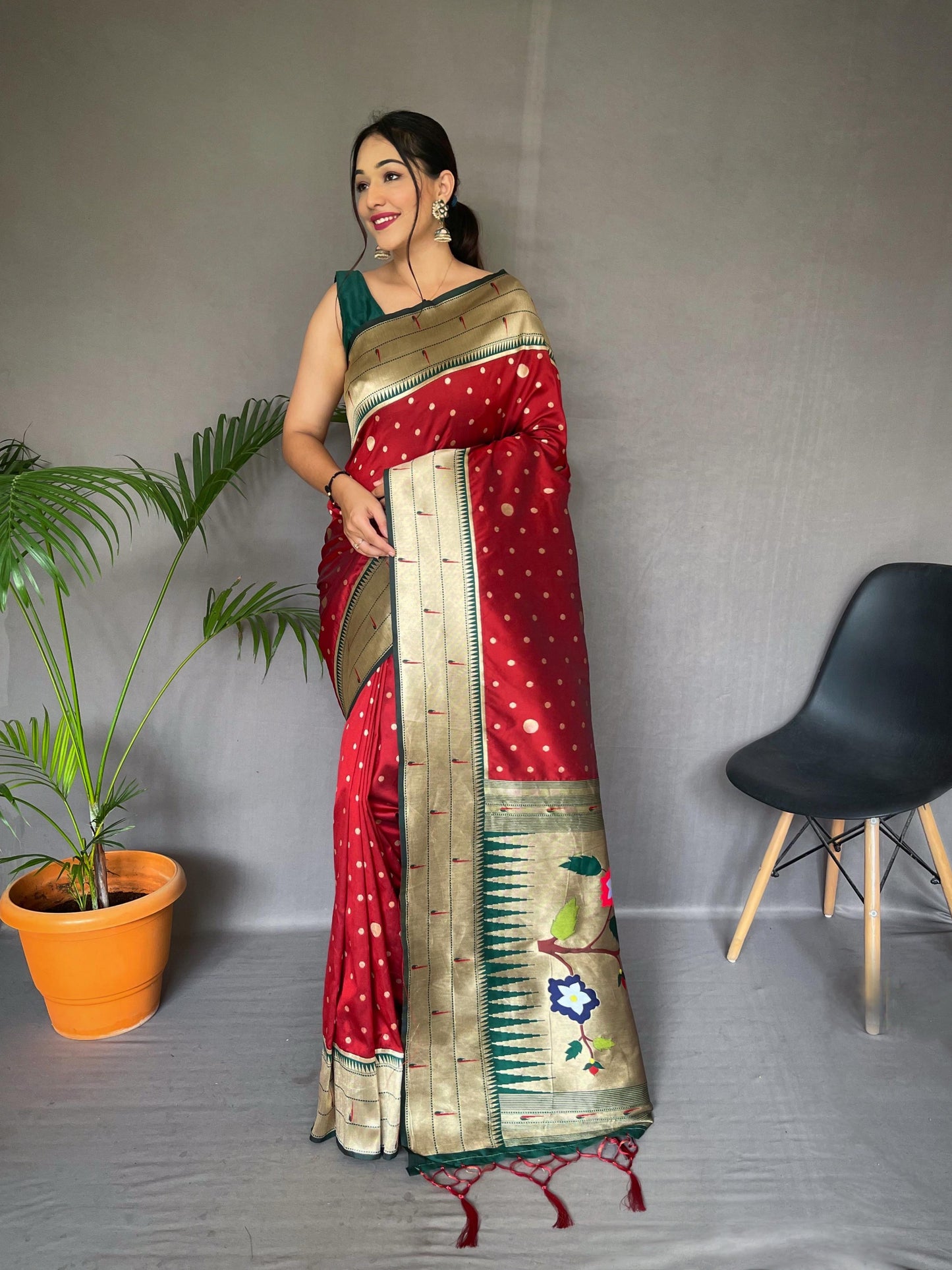 Festive Paithani Silk Saree – Polka Design & Parrot Embroidered Pallu