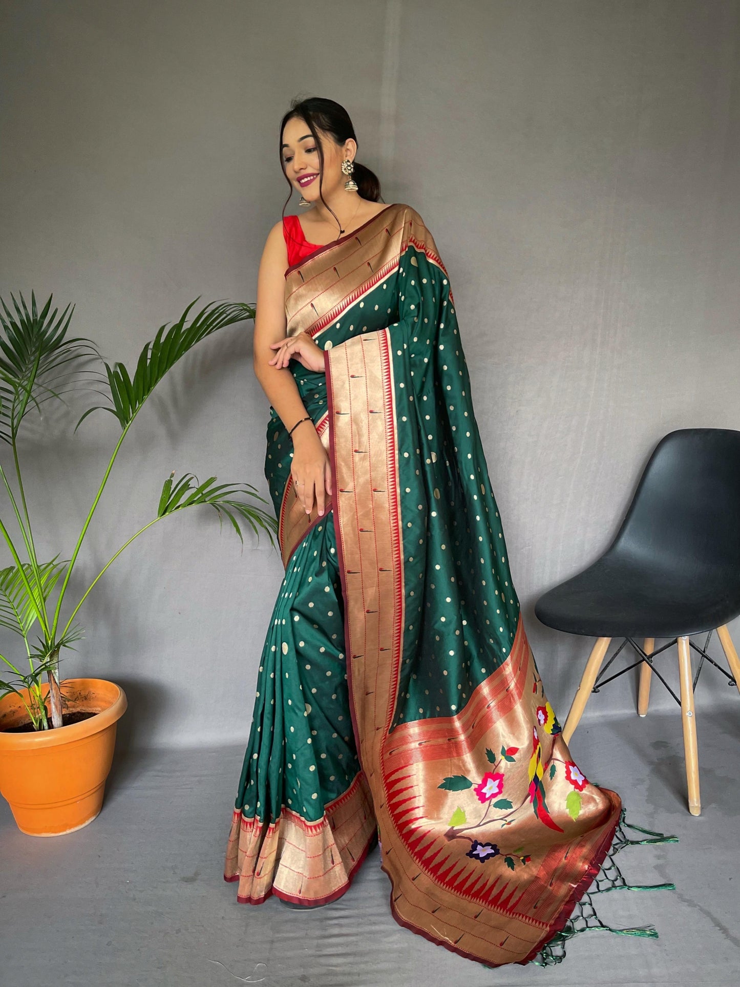 Festive Paithani Silk Saree – Polka Design & Parrot Embroidered Pallu