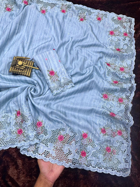 Elegant Sky Blue Tusser Cotton Saree with Floral Cutwork Embroidery