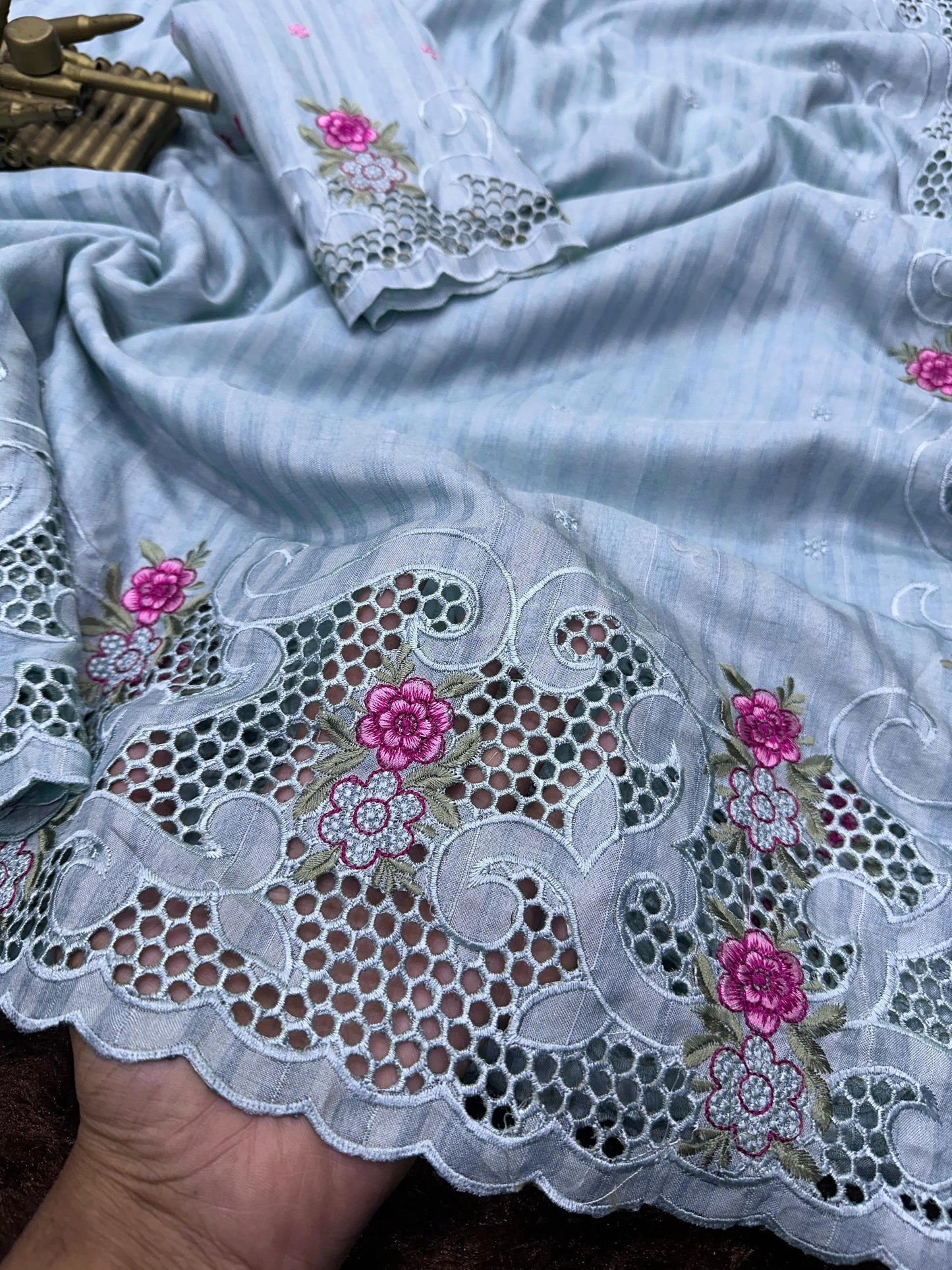 Elegant Sky Blue Tusser Cotton Saree with Floral Cutwork Embroidery