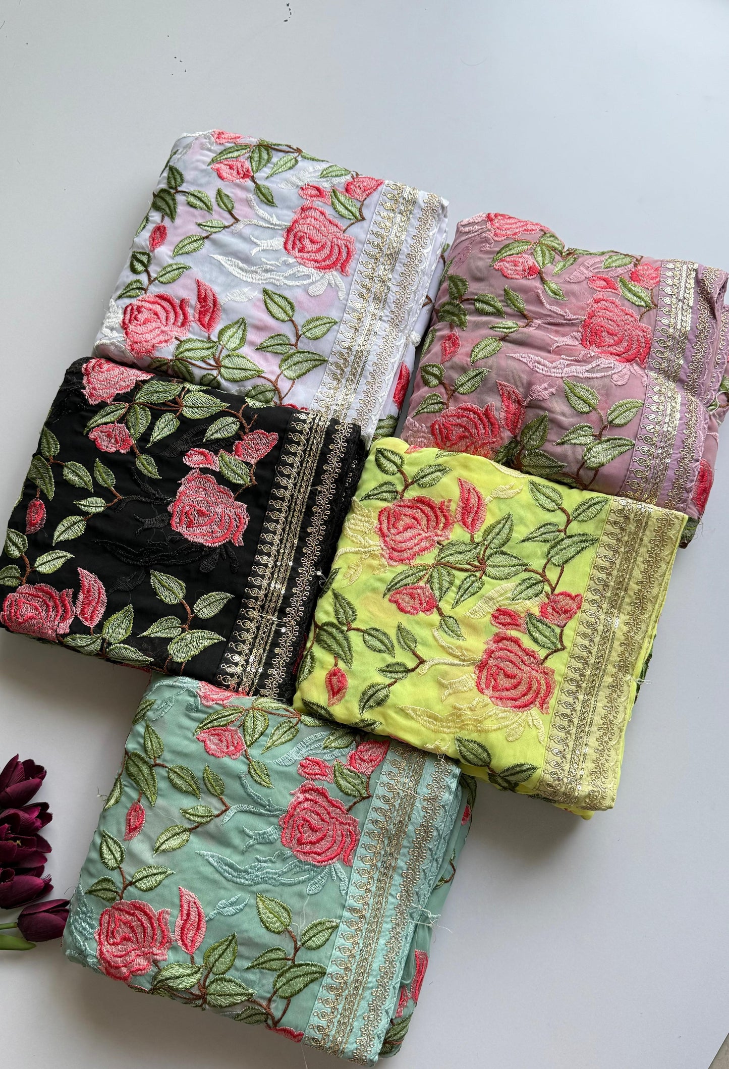 Black Georgette Saree with Rose Prints & Antique Border