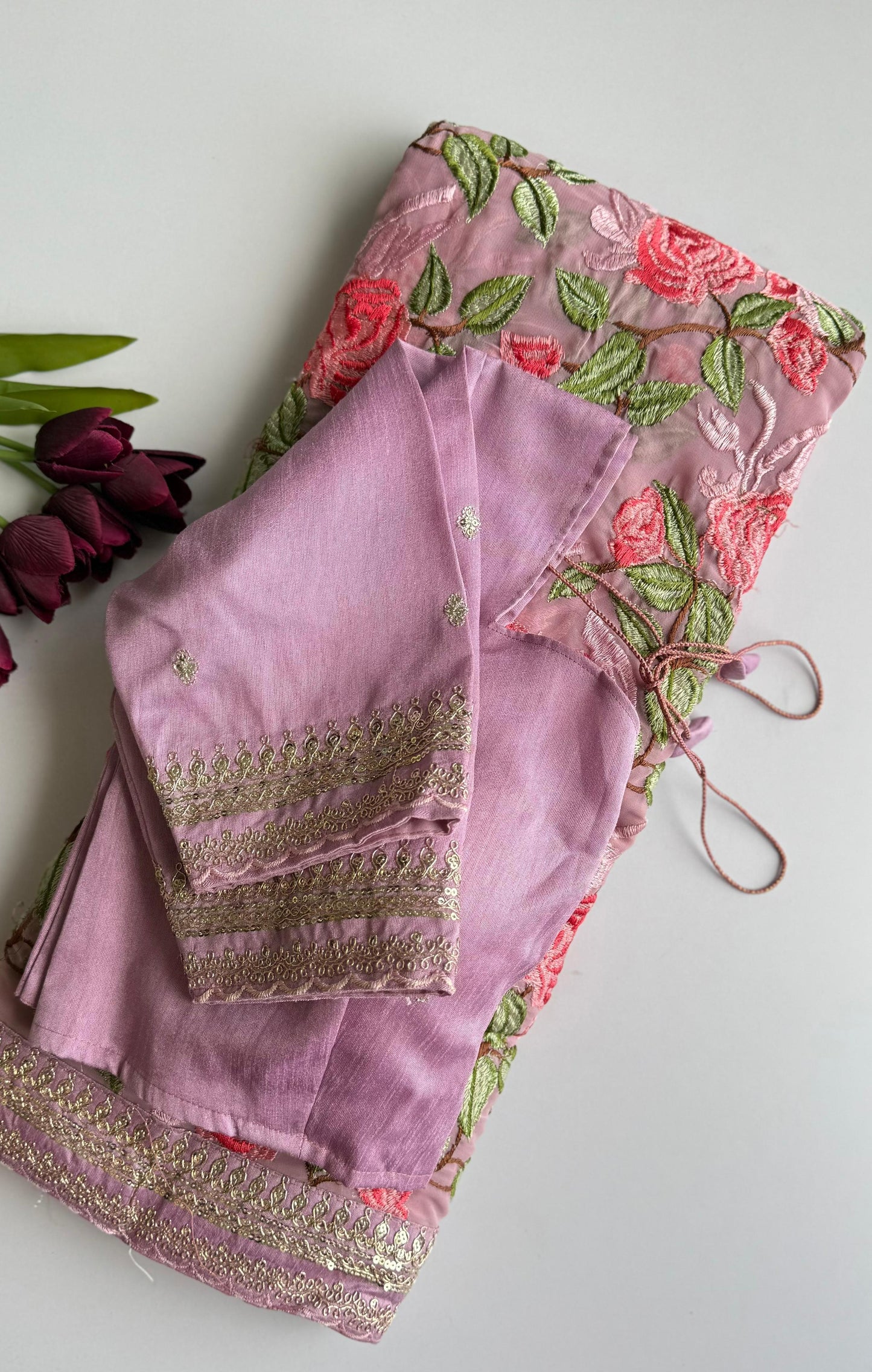 Pink Georgette Saree with Rose Prints & Antique Border