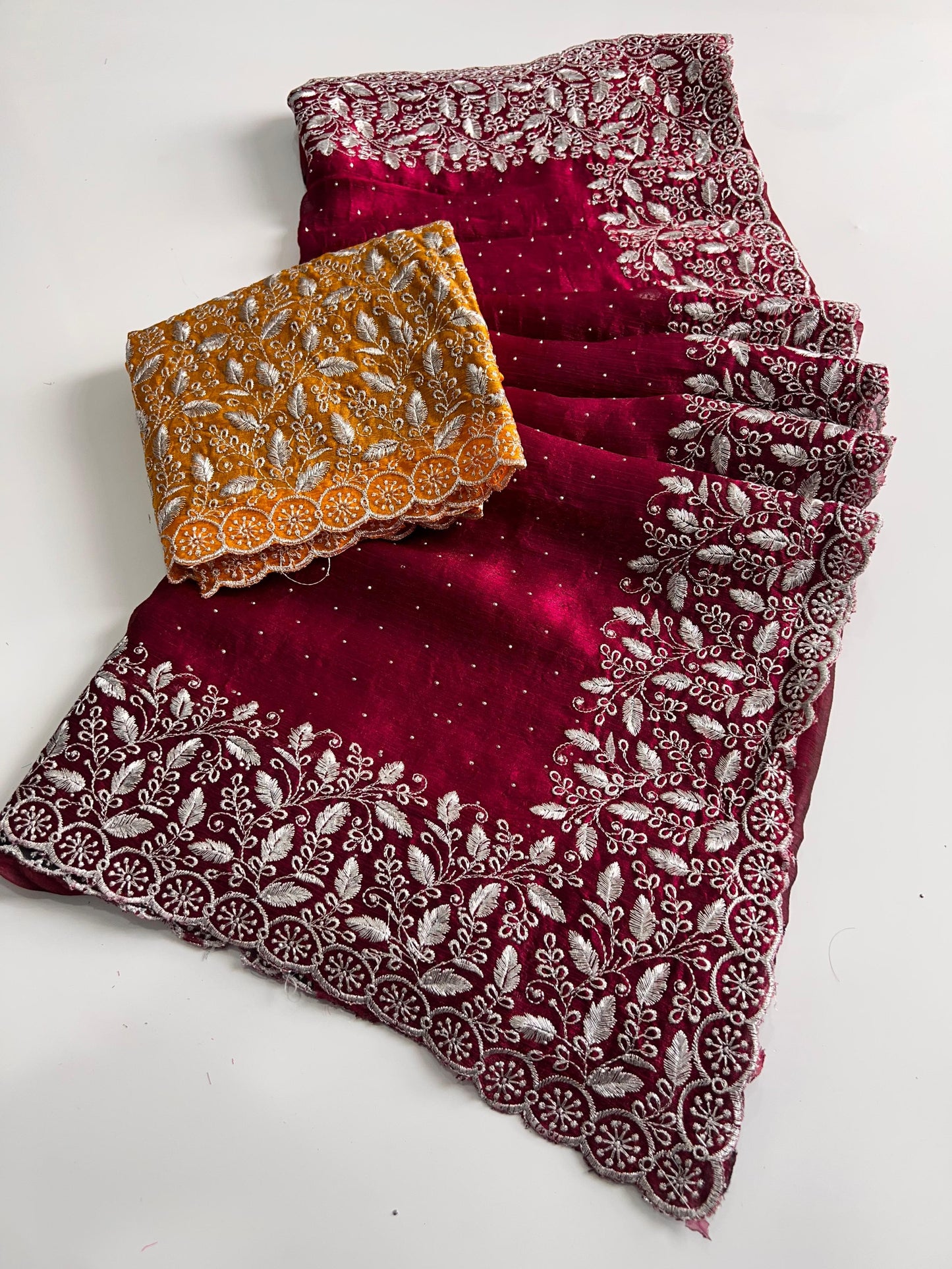 Premium Pink Chiffon Saree with Silver Zari Work & Contrast Blouse