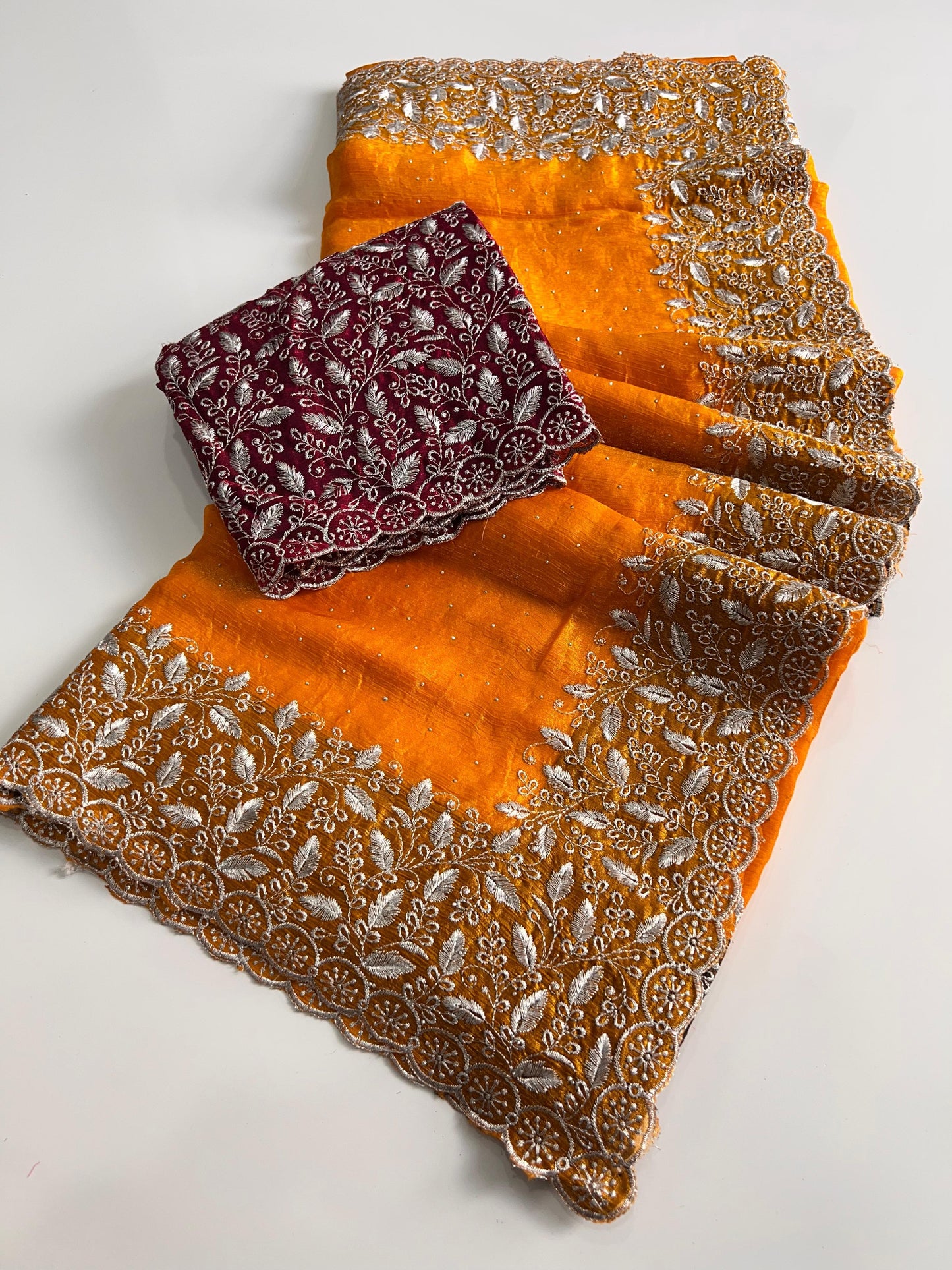 Premium Orange Chiffon Saree with Silver Zari Work & Contrast Blouse