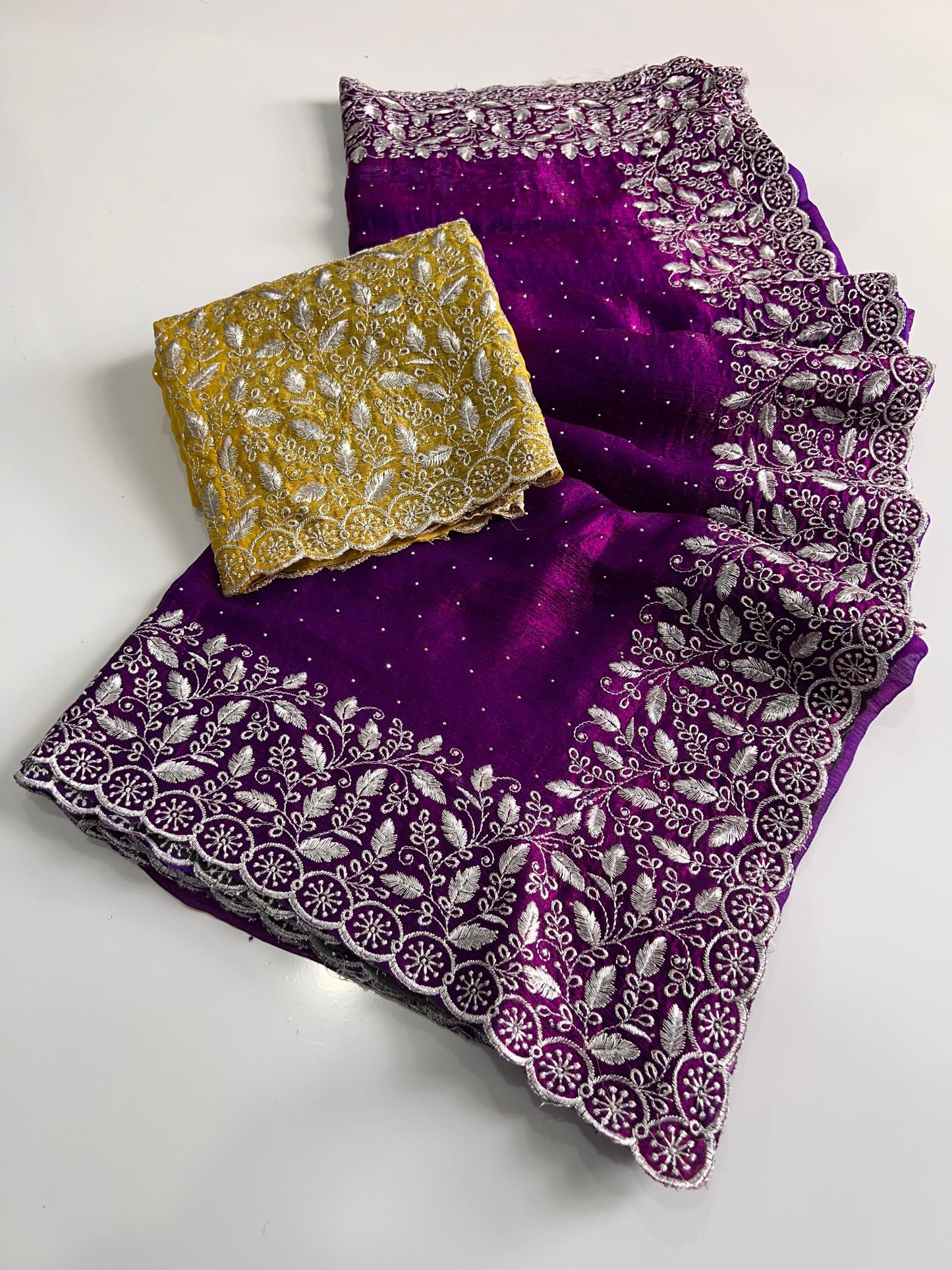 Premium Purple Chiffon Saree with Silver Zari Work & Contrast Blouse
