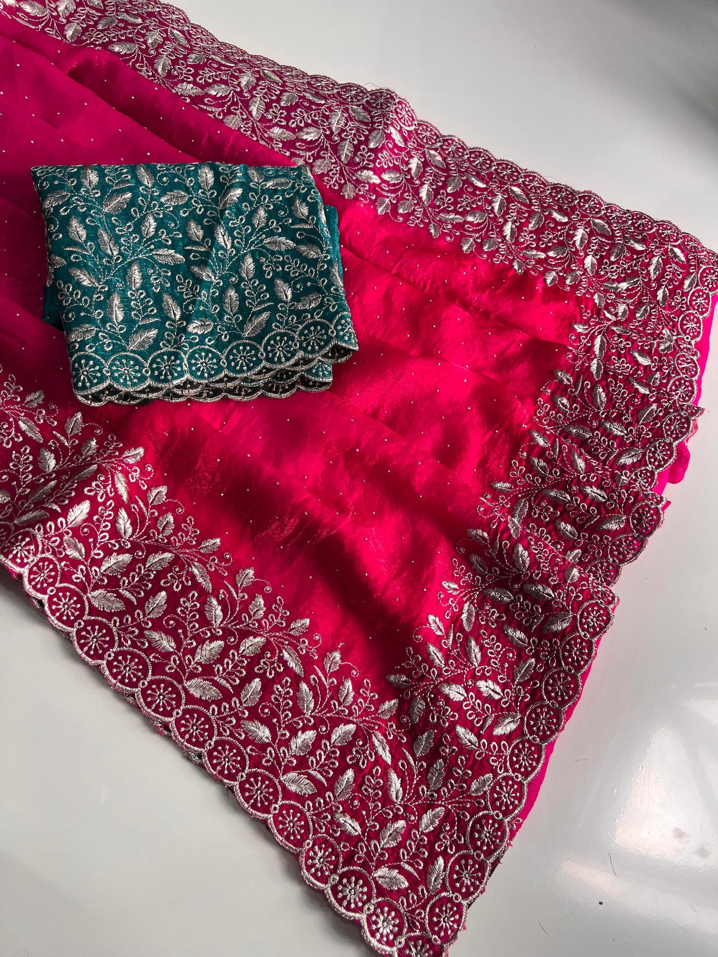 Premium Pink Chiffon Saree with Silver Zari Work & Contrast Blouse