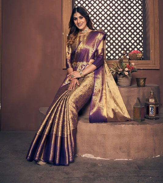 ROYAL PURPLE & GOLD KANJIVARAM SILK SAREE – PERFECT FOR WEDDINGS & FESTIVE OCCASIONS