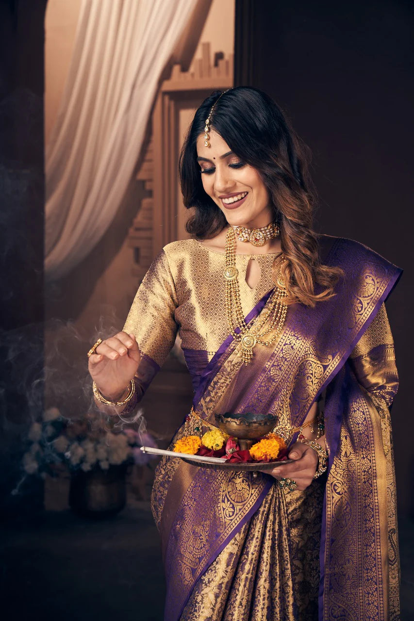 ROYAL PURPLE & GOLD KANJIVARAM SILK SAREE – PERFECT FOR WEDDINGS & FESTIVE OCCASIONS