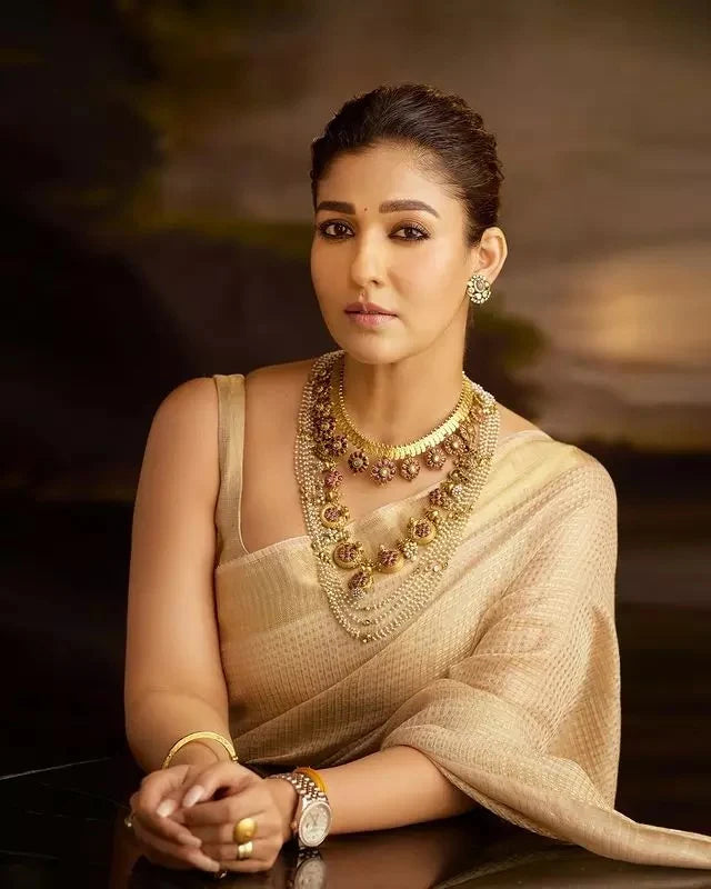 Nayanthara Inspired Golden Tissue Silk Saree – Elegant Look