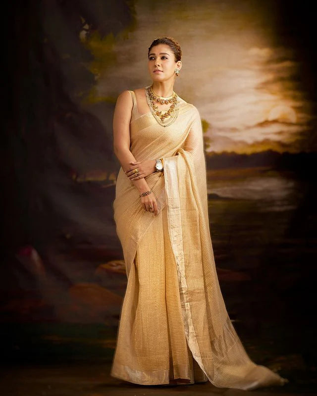 Nayanthara Inspired Golden Tissue Silk Saree – Elegant Look