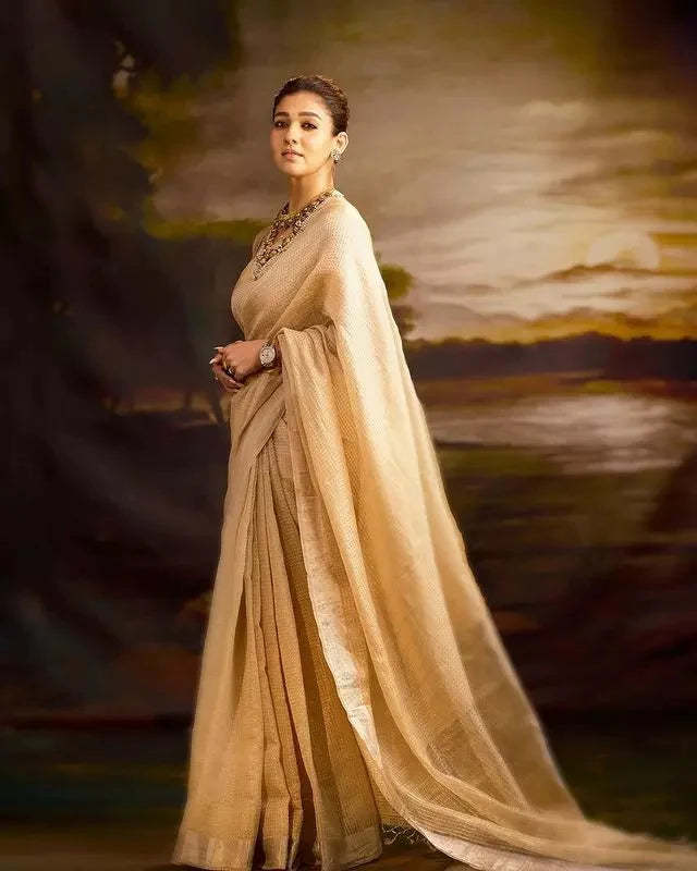 Nayanthara Inspired Golden Tissue Silk Saree – Elegant Look