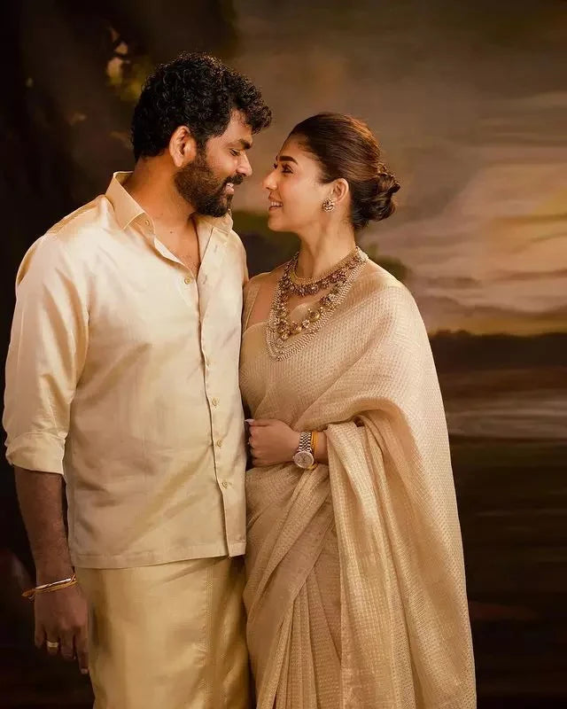 Nayanthara Inspired Golden Tissue Silk Saree – Elegant Look