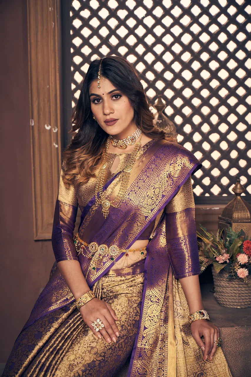 ROYAL PURPLE & GOLD KANJIVARAM SILK SAREE – PERFECT FOR WEDDINGS & FESTIVE OCCASIONS