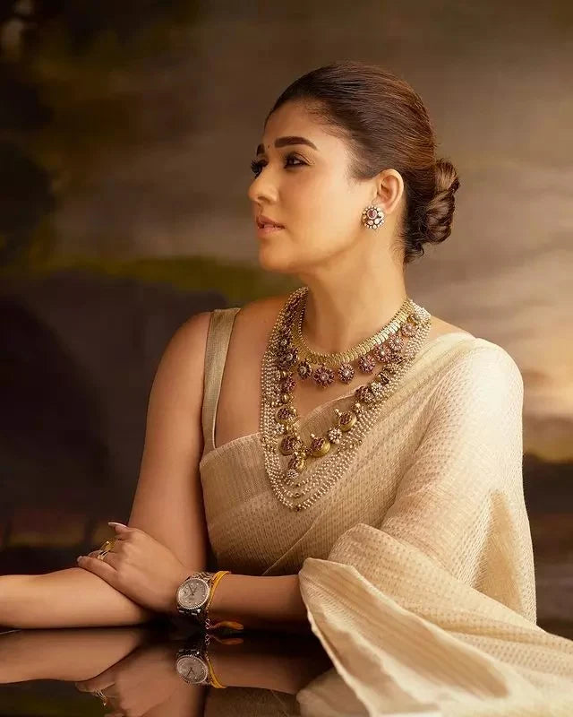Nayanthara Inspired Golden Tissue Silk Saree – Elegant Look