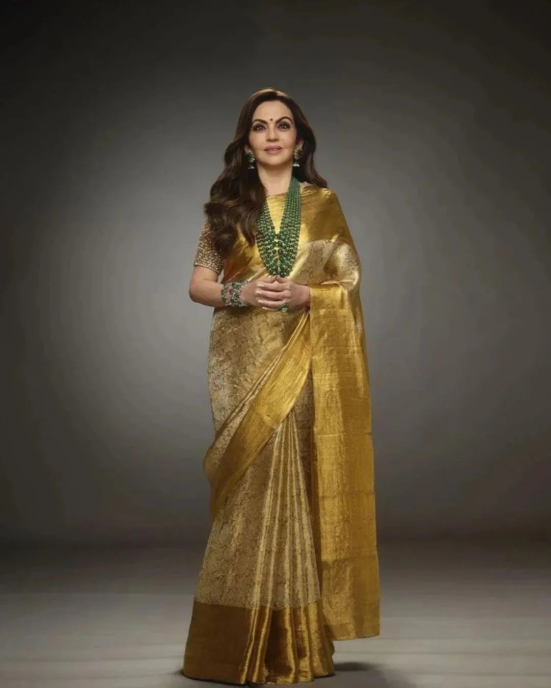 Neeta Ambani Inspired Golden Tissue Silk Saree – Celebrity Inspired Elegance