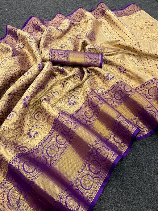 Elegant Pattu Purple & Gold Kanchipuram Kanjivaram Silk Saree