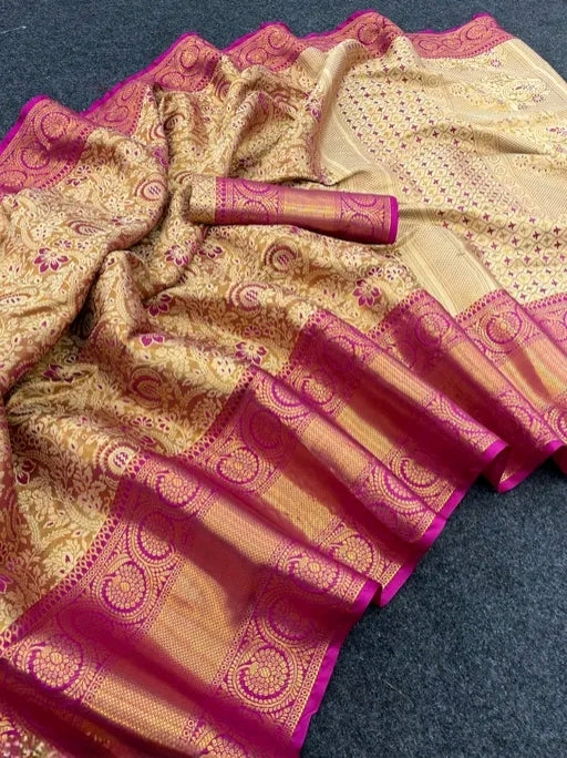 Elegant Pattu Pink & Gold Kanchipuram Kanjivaram Silk Saree