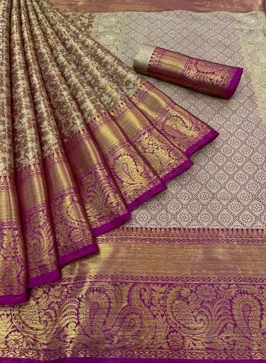 ELEGANT PINK& GOLD KANJIVARAM SILK SAREE – HANDWOVEN BRIDAL WEAR