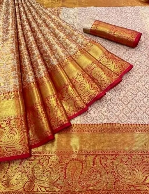 ELEGANT RED & GOLD KANJIVARAM SILK SAREE – HANDWOVEN BRIDAL WEAR