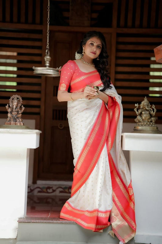 South Indian Style Soft Silk Saree – Red & White with Zari Work
