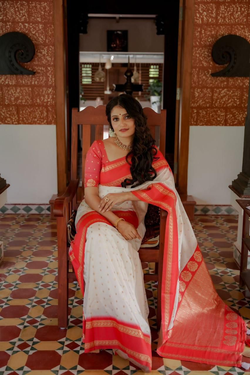 South Indian Style Soft Silk Saree – Red & White with Zari Work