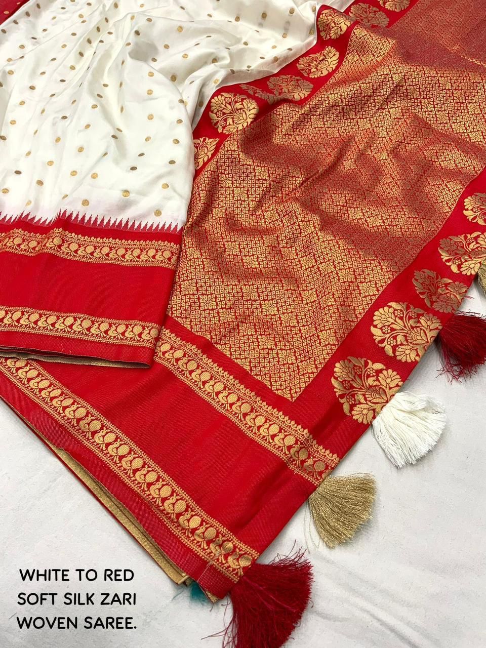 South Indian Style Soft Silk Saree – Red & White with Zari Work