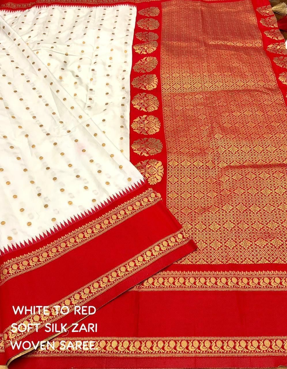 South Indian Style Soft Silk Saree – Red & White with Zari Work