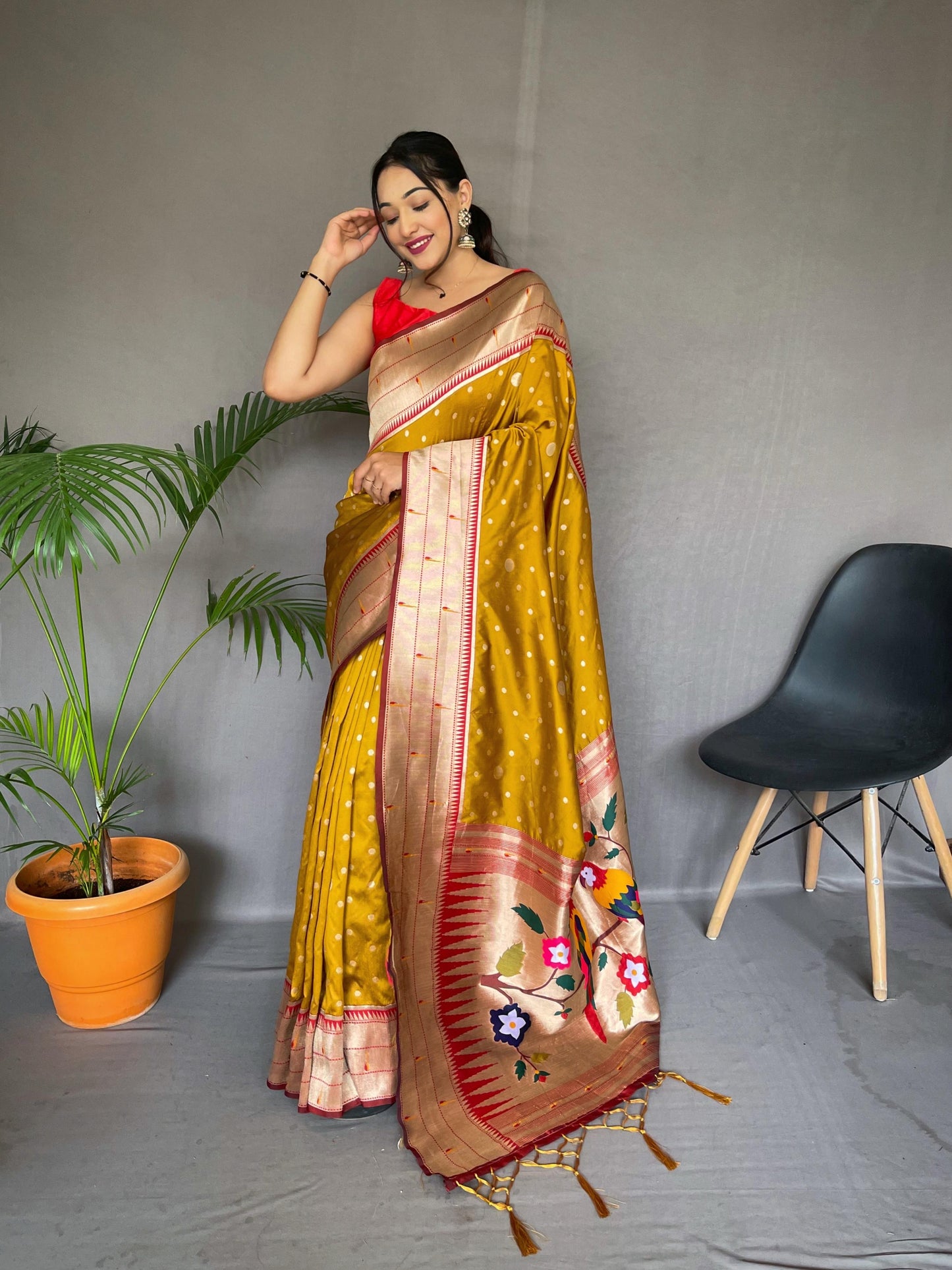 Festive Paithani Silk Saree – Polka Design & Parrot Embroidered Pallu