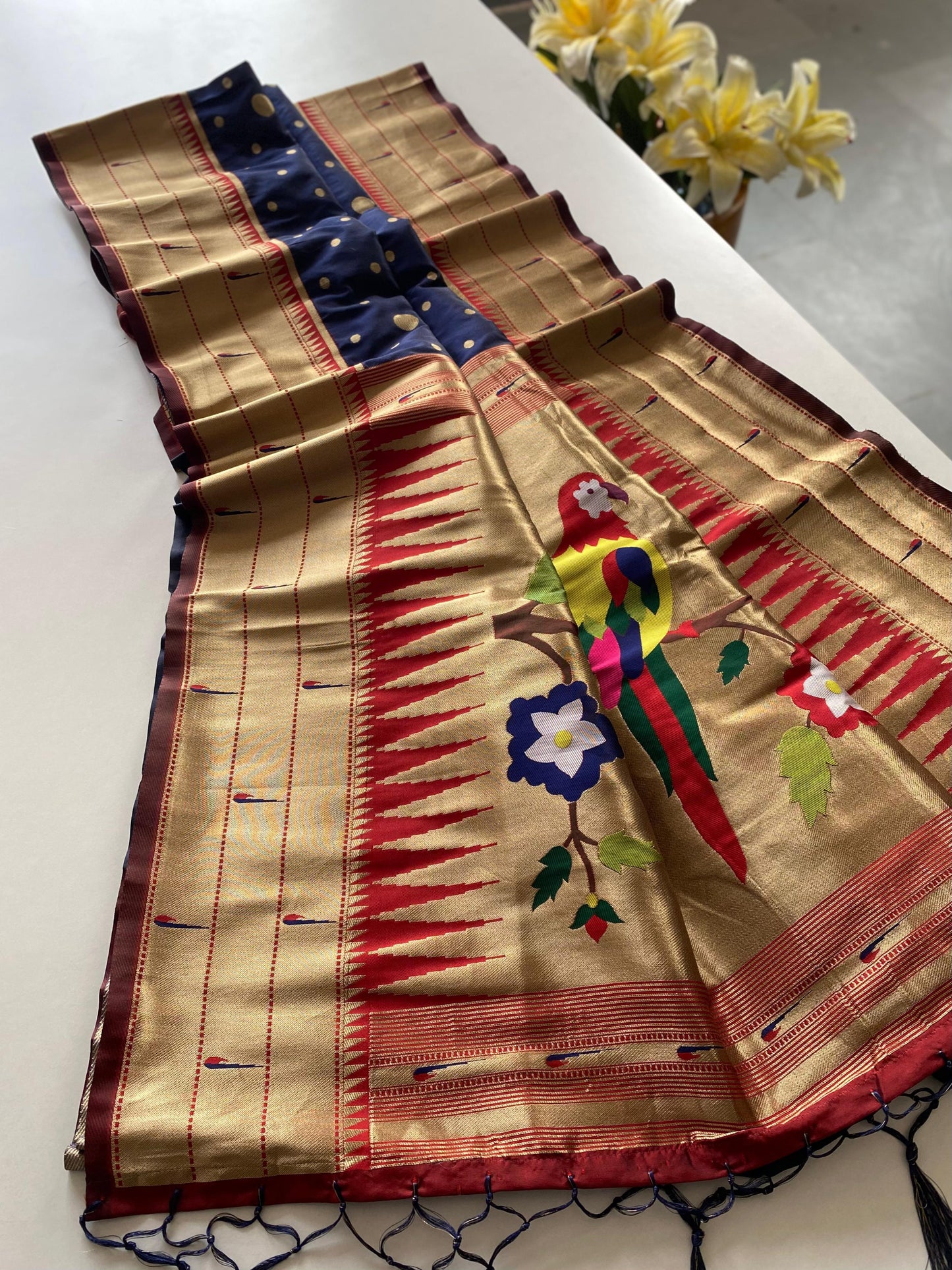 Festive Paithani Silk Saree – Polka Design & Parrot Embroidered Pallu