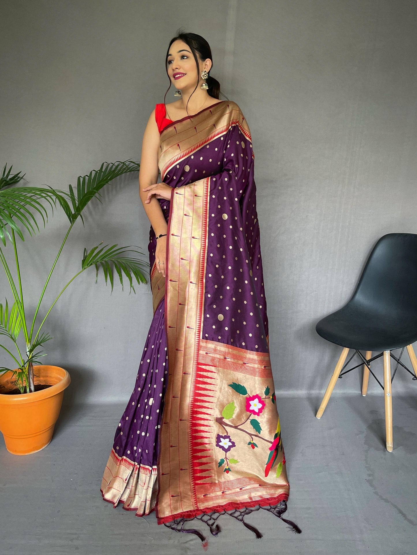 Festive Paithani Silk Saree – Polka Design & Parrot Embroidered Pallu