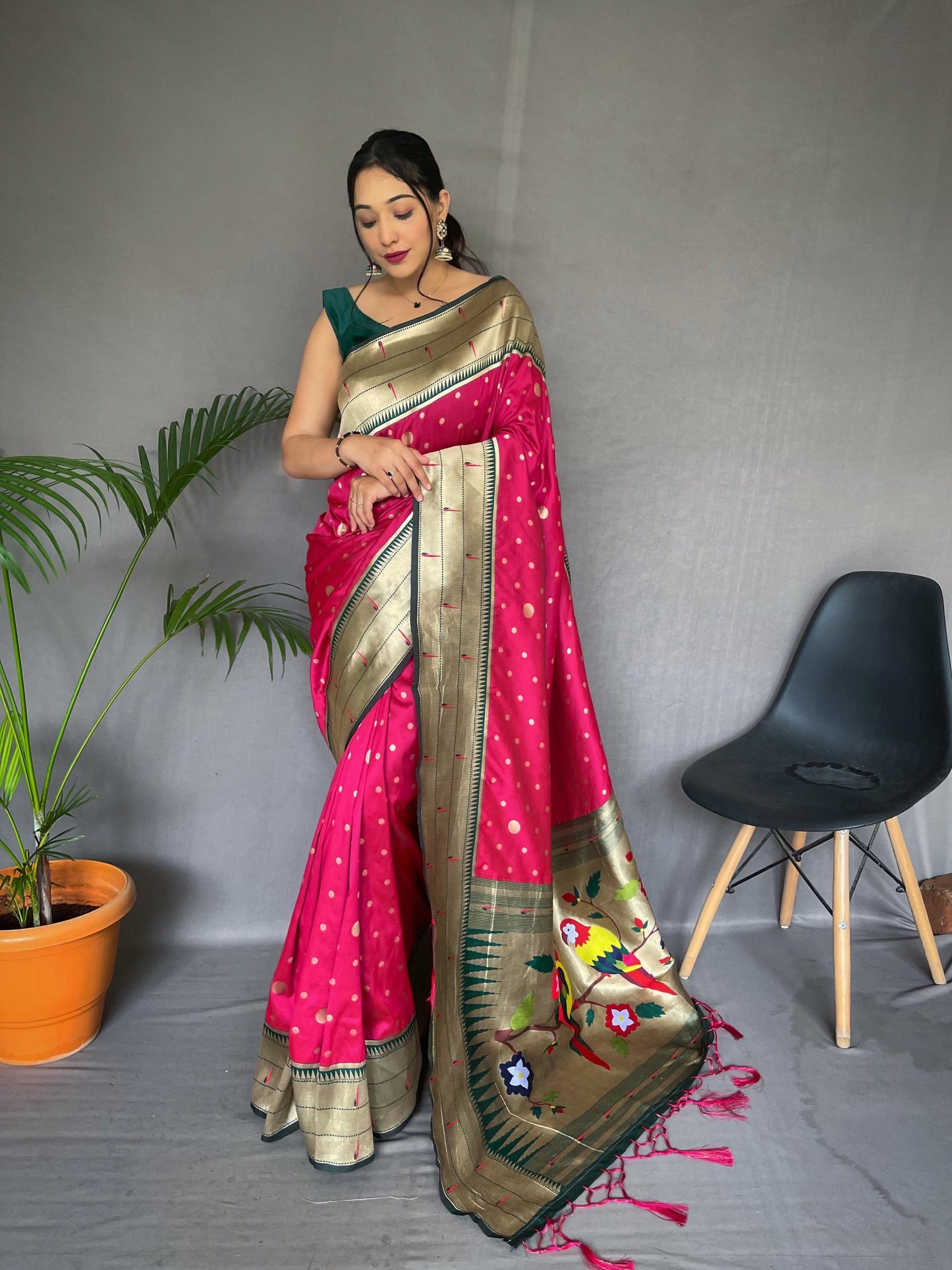 Festive Paithani Silk Saree – Polka Design & Parrot Embroidered Pallu