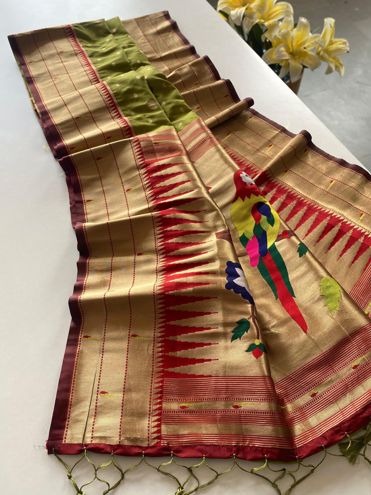 Festive Paithani Silk Saree – Polka Design & Parrot Embroidered Pallu