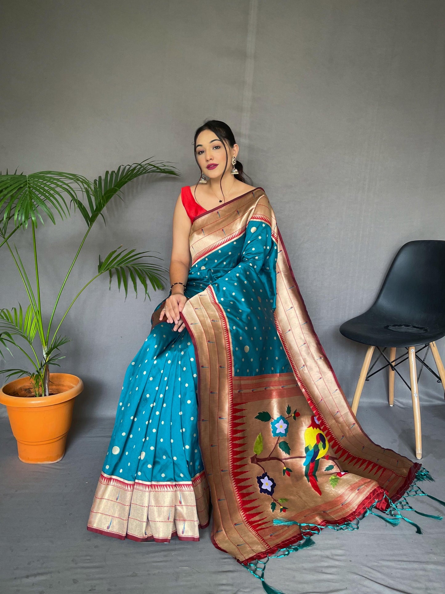 Festive Paithani Silk Saree – Polka Design & Parrot Embroidered Pallu