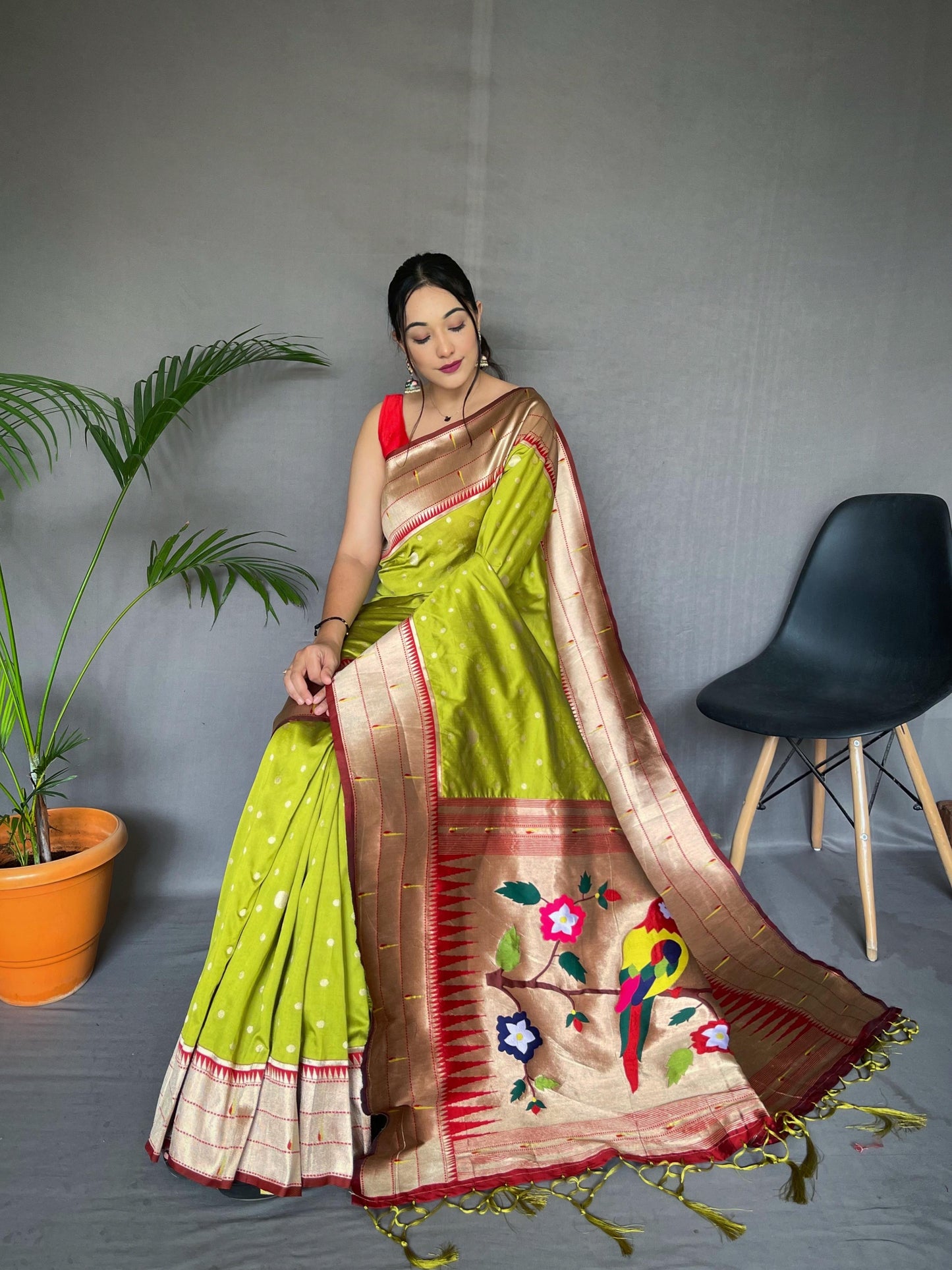 Festive Paithani Silk Saree – Polka Design & Parrot Embroidered Pallu