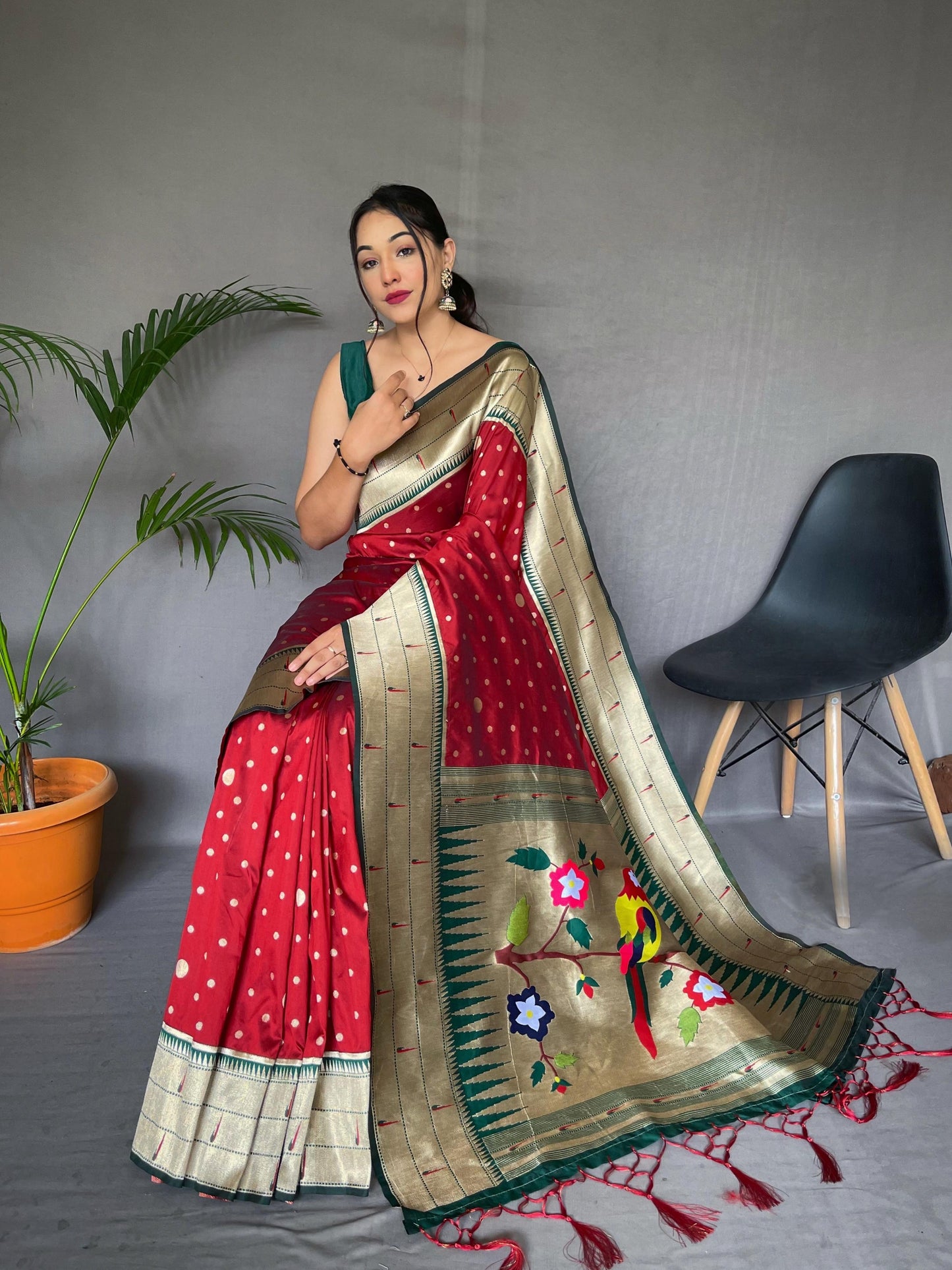 Festive Paithani Silk Saree – Polka Design & Parrot Embroidered Pallu