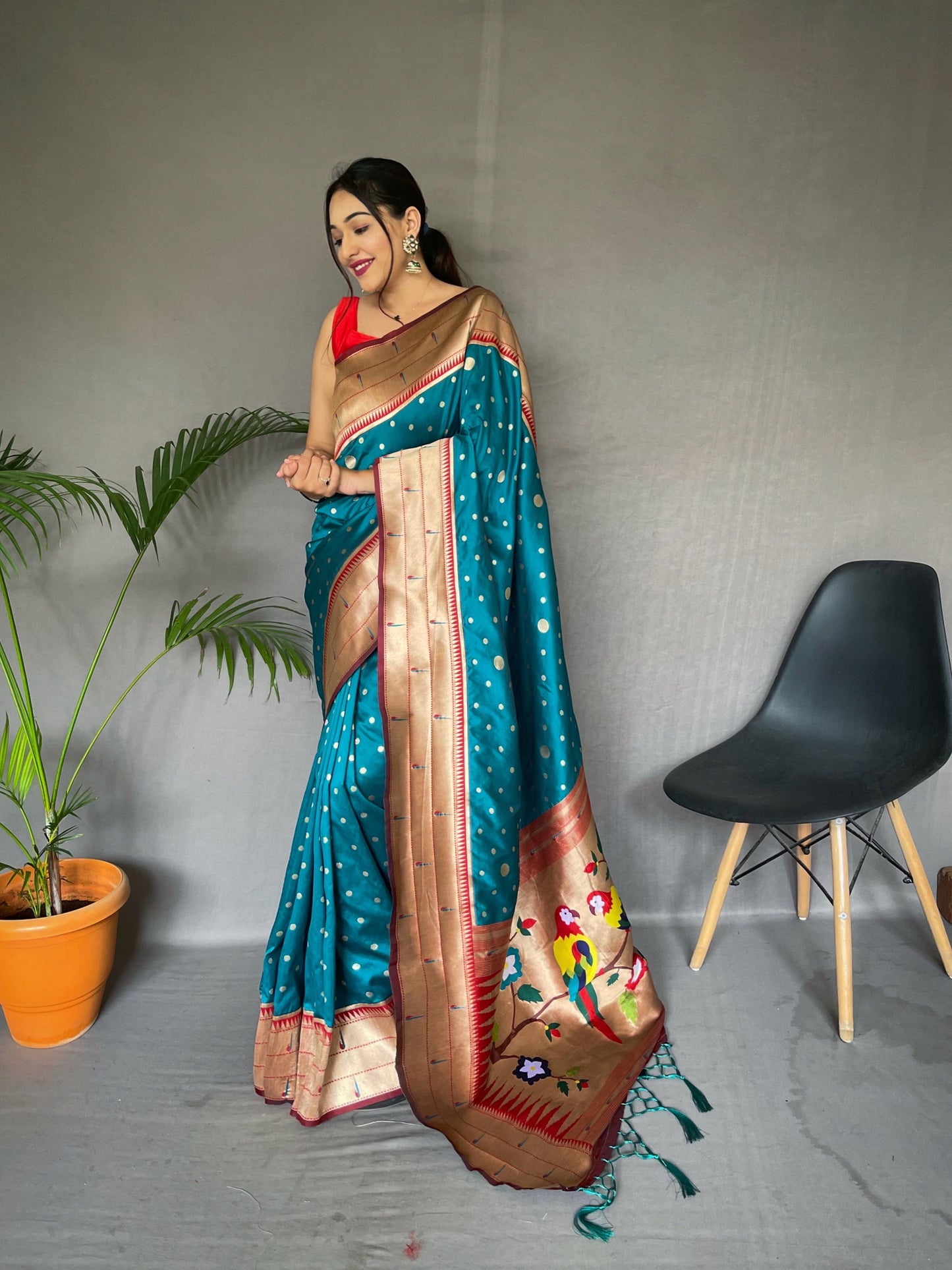 Festive Paithani Silk Saree – Polka Design & Parrot Embroidered Pallu