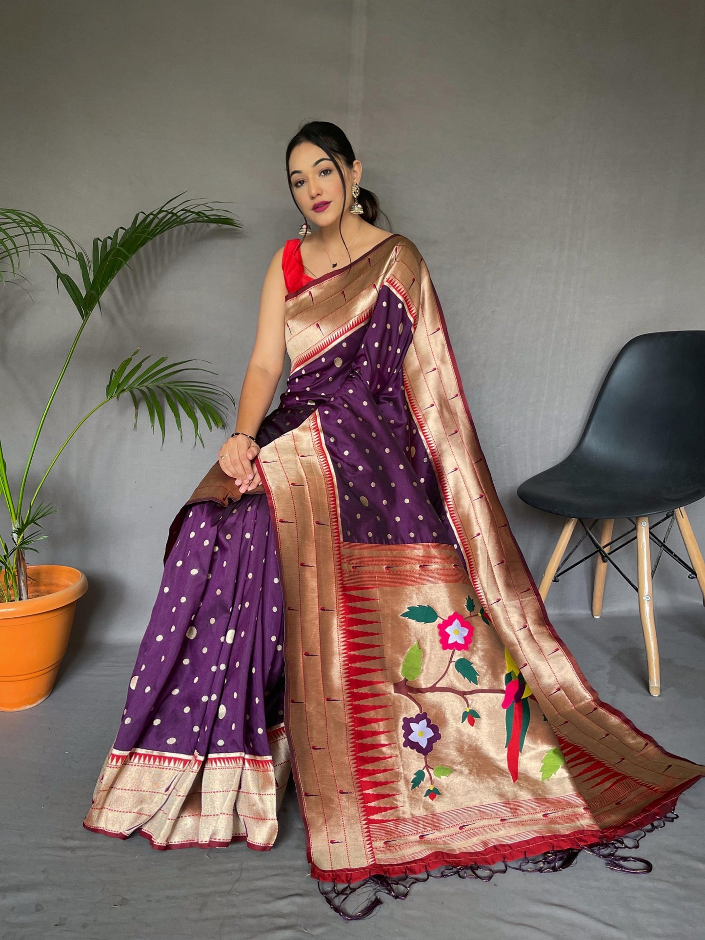 Festive Paithani Silk Saree – Polka Design & Parrot Embroidered Pallu