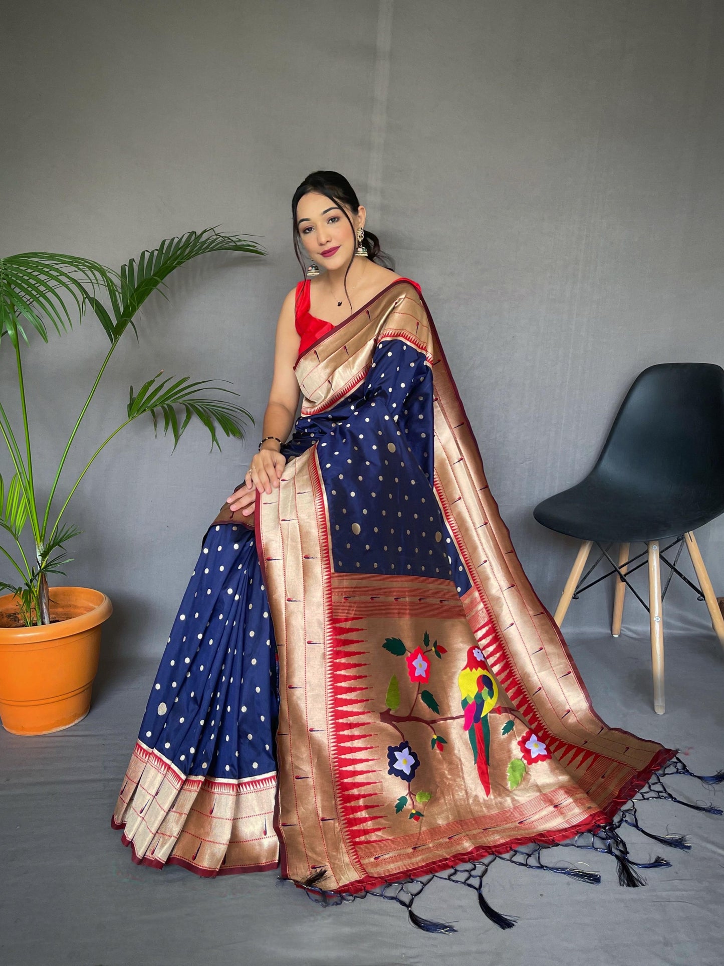 Festive Paithani Silk Saree – Polka Design & Parrot Embroidered Pallu
