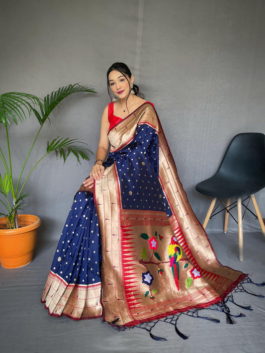 Festive Paithani Silk Saree – Polka Design & Parrot Embroidered Pallu