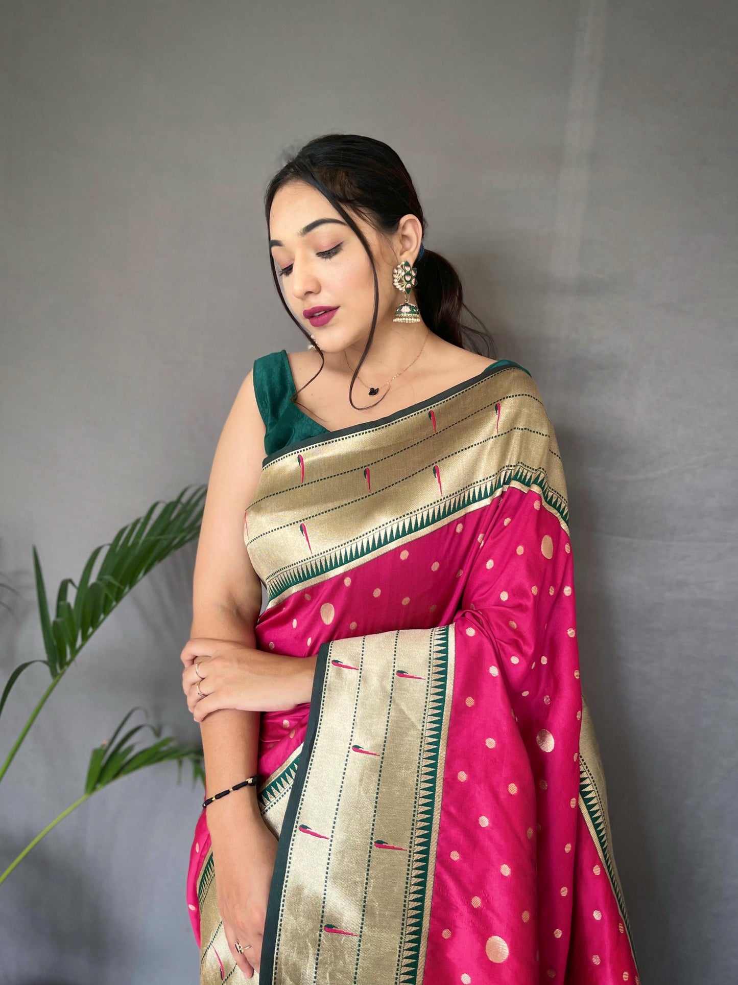 Festive Paithani Silk Saree – Polka Design & Parrot Embroidered Pallu