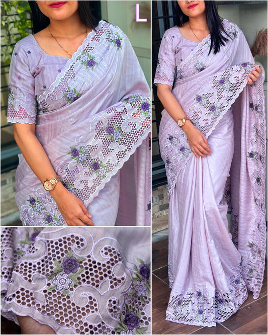 Elegant Tusser Cotton Saree with Floral Cutwork Embroidery
