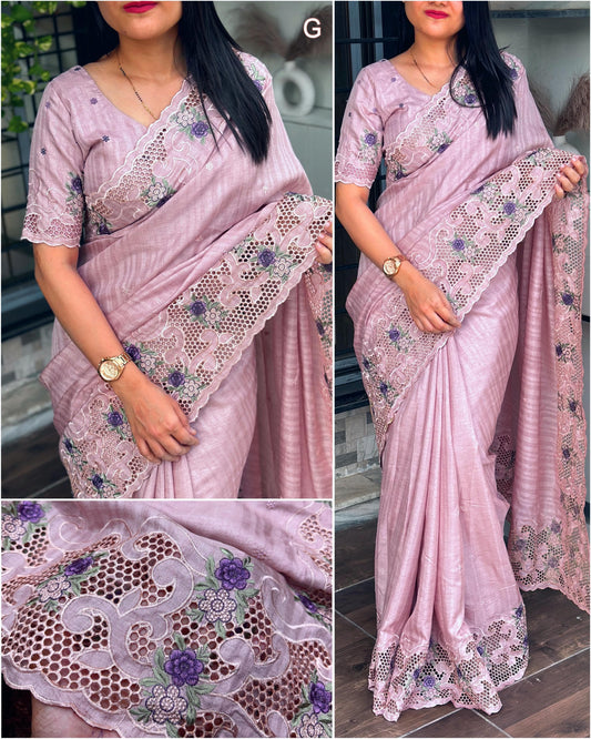 Elegant Pink Tusser Cotton Saree with Floral Cutwork Embroidery