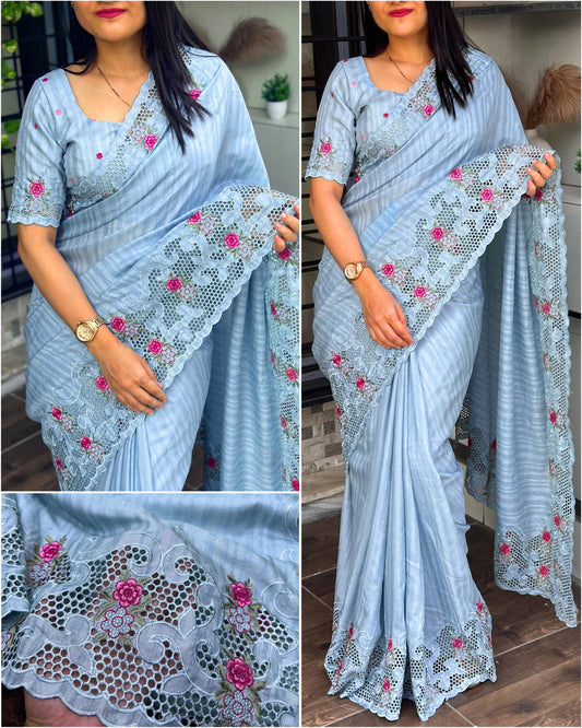 Elegant Sky Blue Tusser Cotton Saree with Floral Cutwork Embroidery