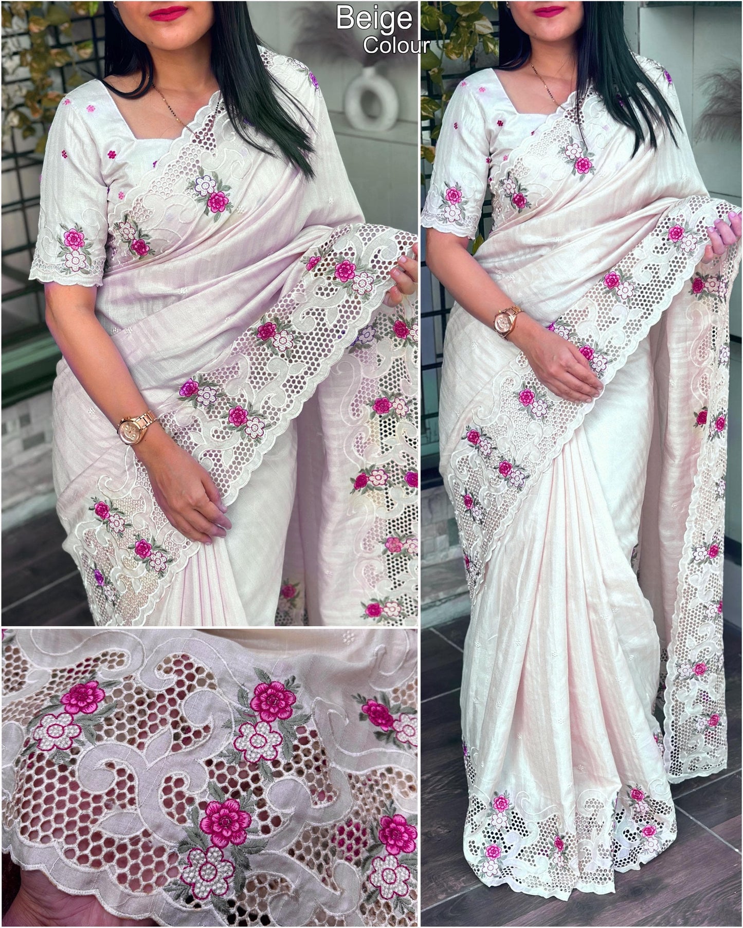 Elegant White Tusser Cotton Saree with Floral Cutwork Embroidery
