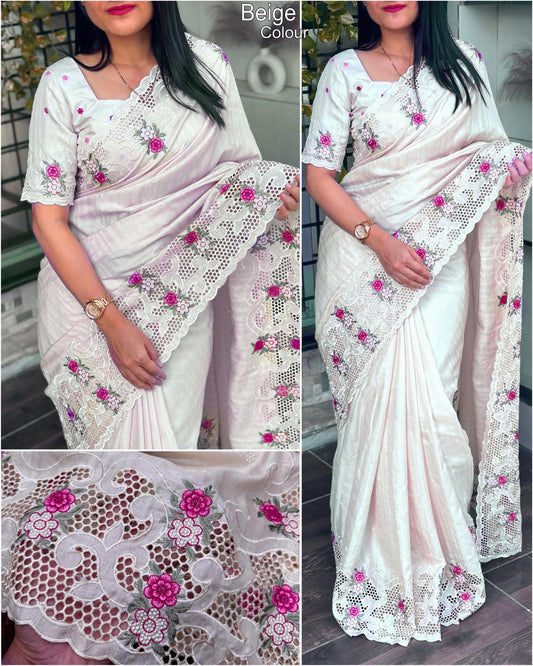 Elegant White Tusser Cotton Saree with Floral Cutwork Embroidery