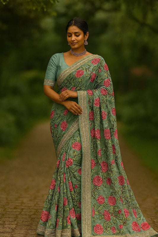 Sky  Georgette Saree with Rose Prints & Antique Border