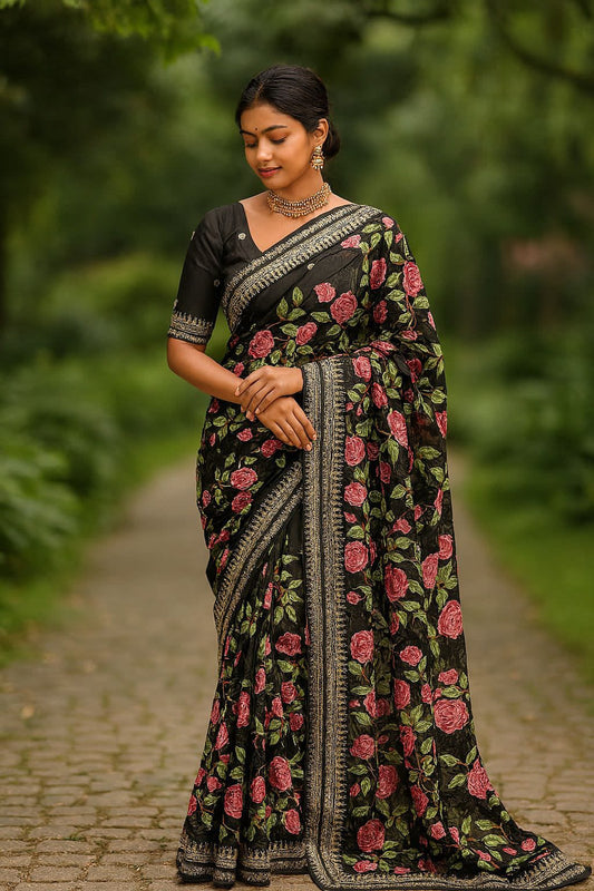 Black Georgette Saree with Rose Prints & Antique Border