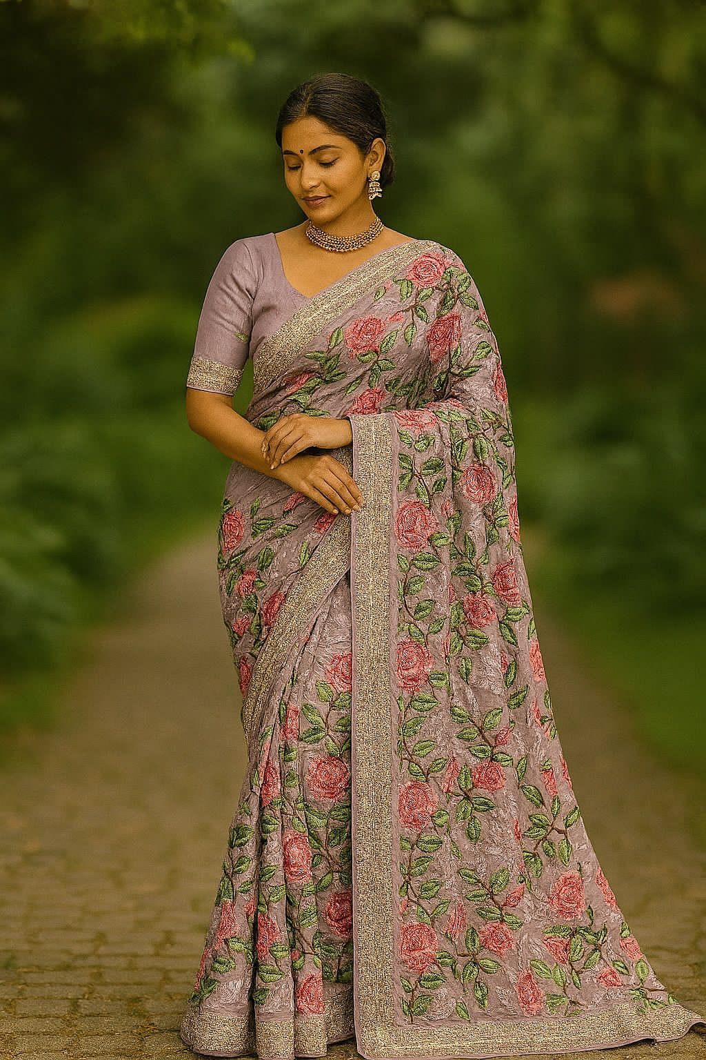 Pink Georgette Saree with Rose Prints & Antique Border