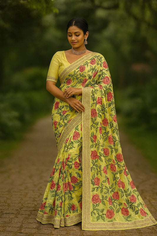 Yellow Georgette Saree with Rose Prints & Antique Border